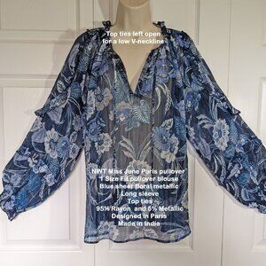 NWT Miss June Paris pullover 1 Size pullover top, Blue sheer floral, Made India